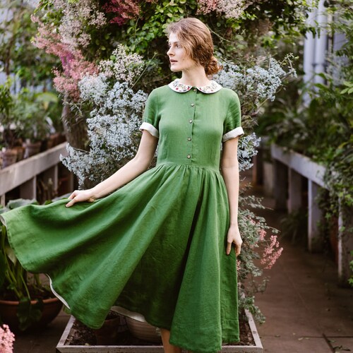 EMBROIDERED LINEN DRESS Green Dress 