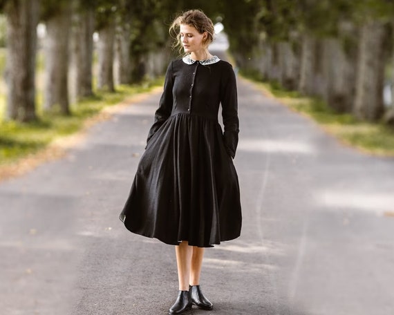 BLACK LINEN DRESS Victorian Dress, Prairie Dress, Embroidered Collar,  Whimsigoth Dress, Casual Dress, Long Sleeves, Shirt Dress, Sondeflor -   Hong Kong