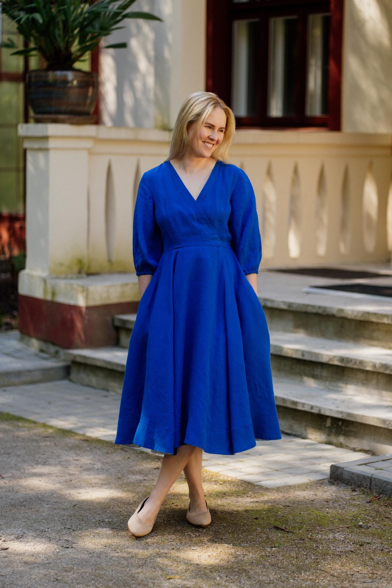 short fitted dresses with sleeves Navy Split Neck Smocked Waist Eyelet Puff Sleeve Dress – SSYS Size:2 US / 36 EU Sonoma Halterneck Faux Wrap Length Will Vary Slightly cute denim dress