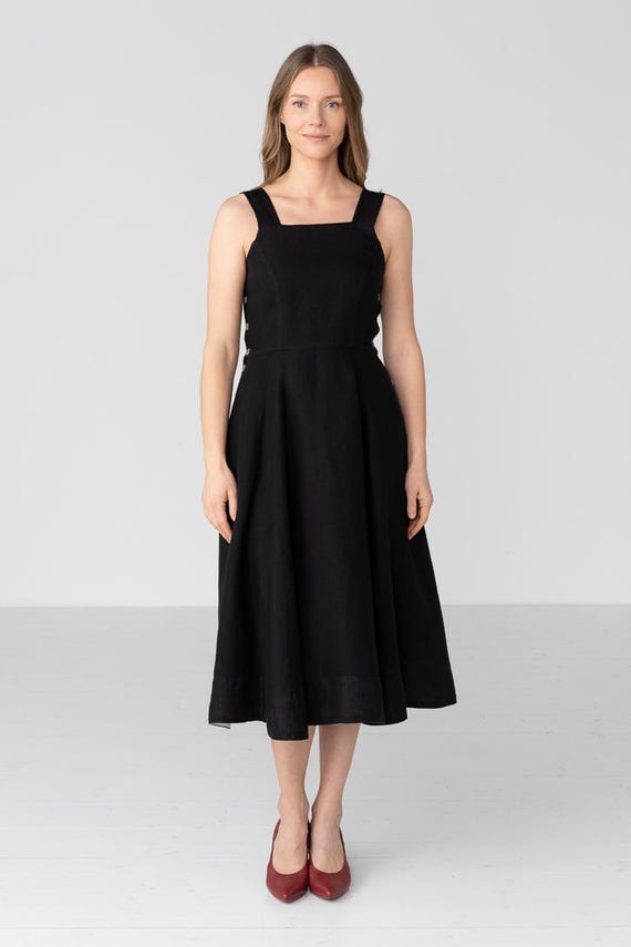 Pinafore - Sleeveless Linen Midi Dress, Black Pansy