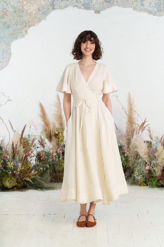 LINEN WEDDING DRESS Milky White Linen Dress With Butterfly
