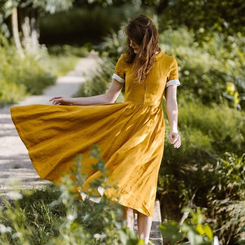 YELLOW LINEN DRESS Linen Dress Linen Clothing Summer Shirt - Etsy