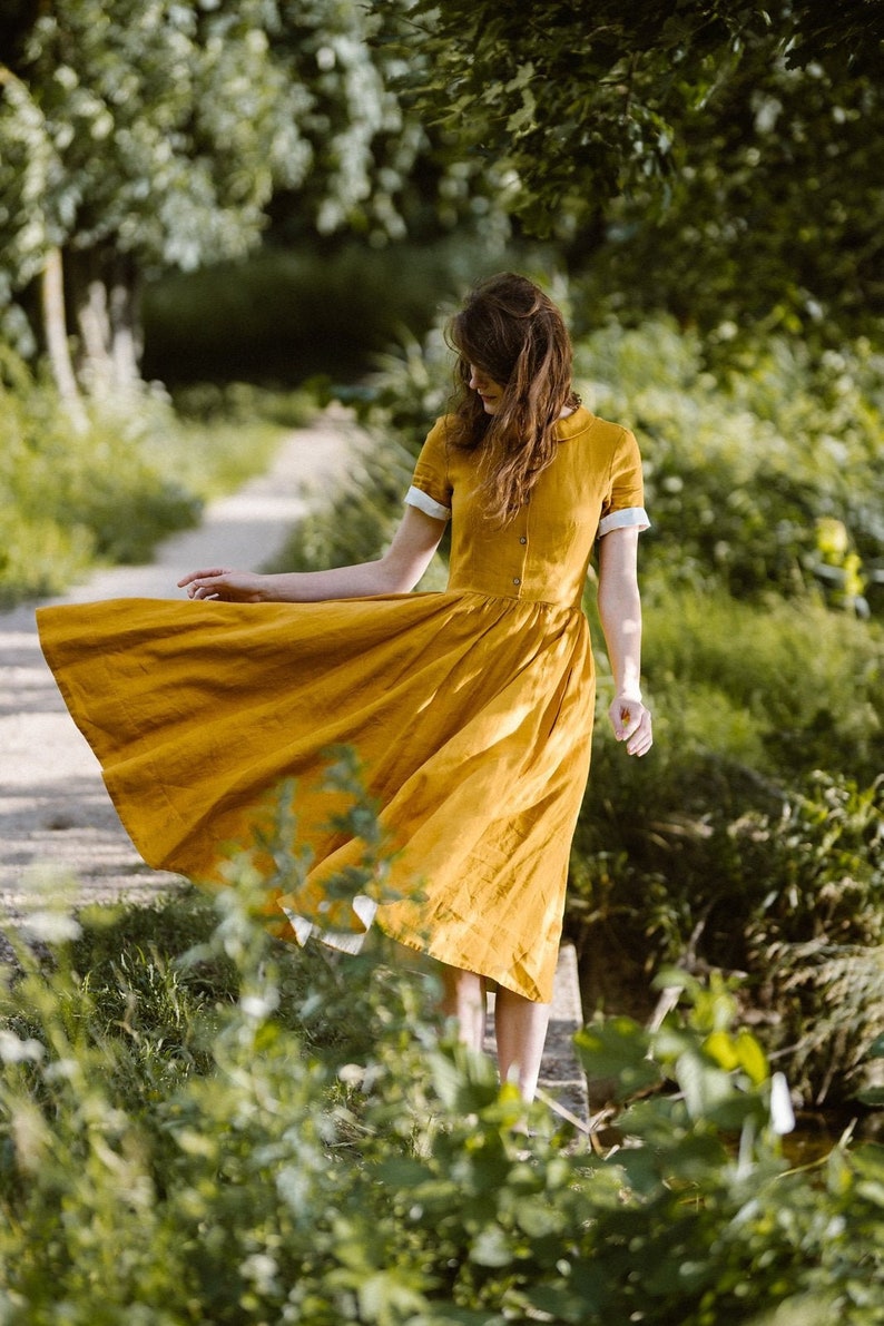 YELLOW VINTAGE DRESS | Linen Shirt Dress, Summer Midi Dress, Minimalist Aesthetic, Mustard Color, Short Sleeves, Marigold 