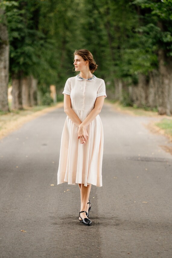 LINEN EMBROIDERED DRESS Peach Color 