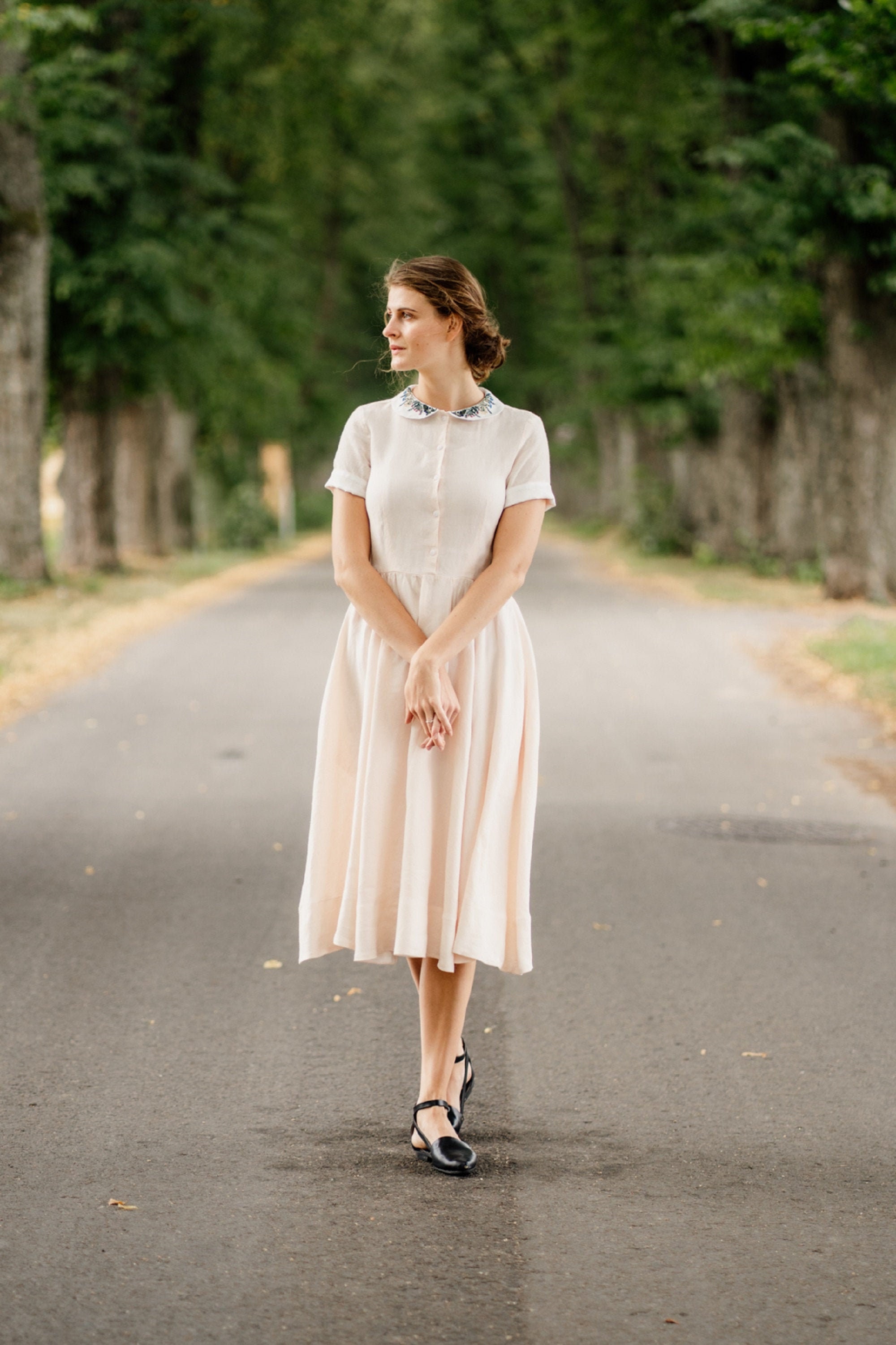 LINEN EMBROIDERED DRESS Peach Color 