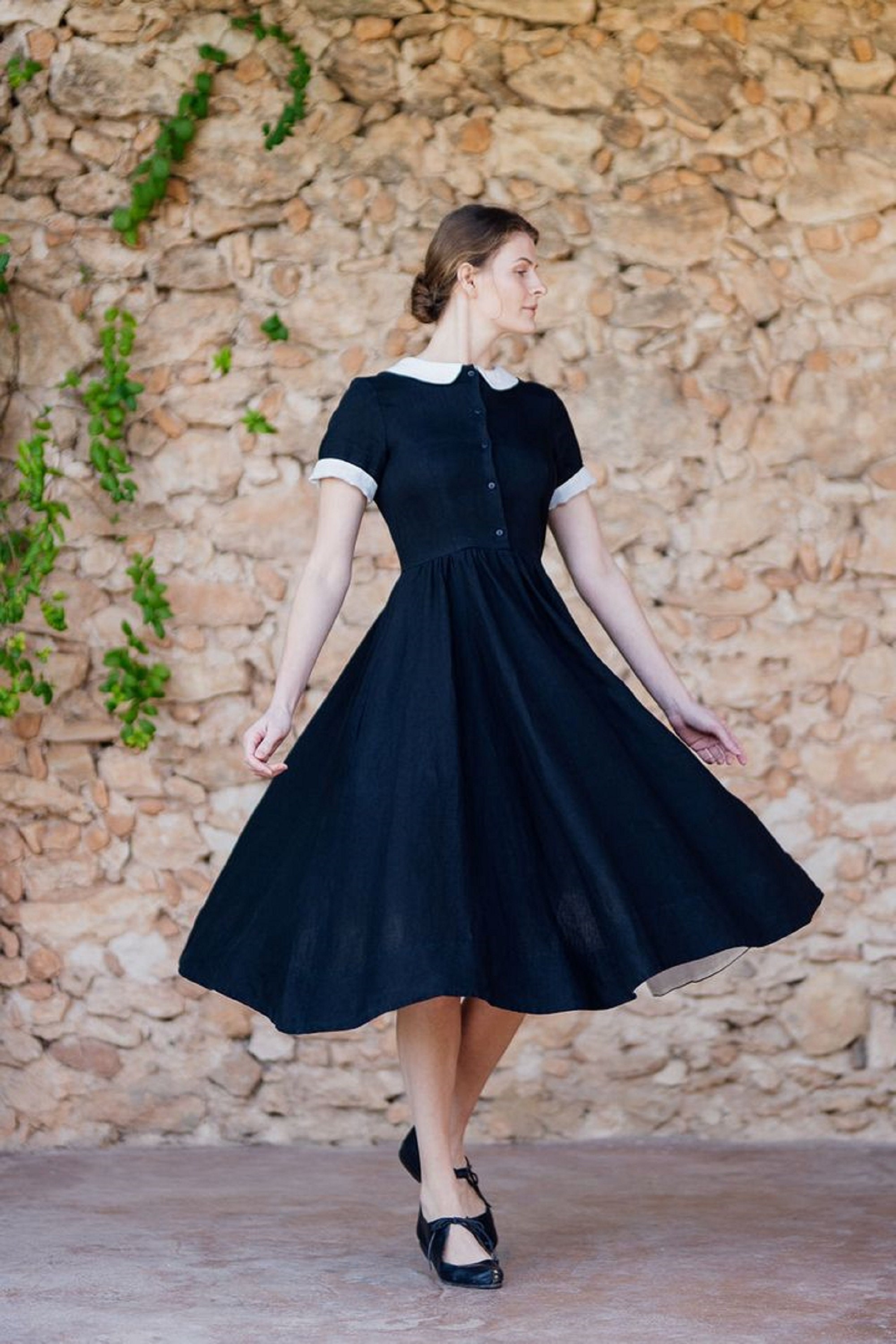 WHITE COLLAR DRESS Black Linen Peter Pan Collar Dress Wednesday Dress Gothic Witchy Dress Halloween Costume renaissance Dress victorian Etsy UK
