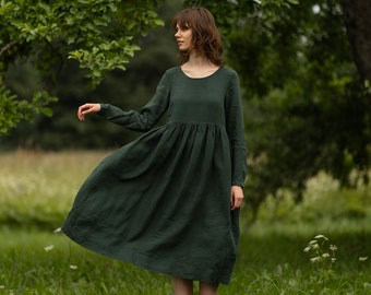 SMOCK DRESS | Evergreen Dress, Linen Dress For Women, Mid Century Modern Dress, Plus Size Linen Dress, Loose Maxi Dress, Cottagecore Dress