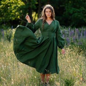 JURKEN IN LENTESTIJL | Cocktailpartyjurk, linnen kleding, jurk met lange mouwen, dameskleding, jurk met bisschopsmouwen, jurk bruiloftsgast