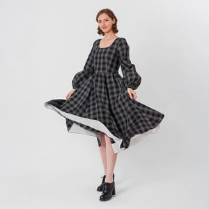BLACK LAID DRESS | Tartan long sleeve dress in retro style made from premium softened linen fabric - Carmen