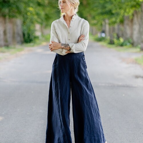 WOMEN'S LINEN PANTS Blue Palazzo Pants Linen Culottes - Etsy