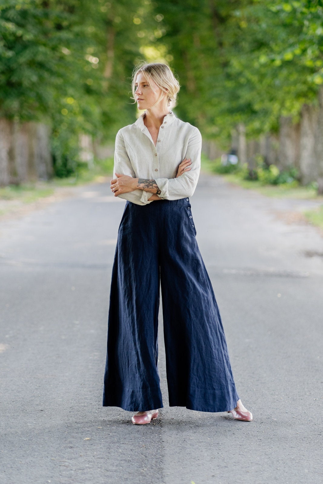 Women's High-Rise Linen Wide Leg Fluid Pants - A New Day Blue 10