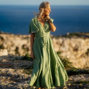 MOTHER Of THE GROOM Dress | Formal Maxi Wrap Dress, Summer Style Wedding Guest Dress, Linen Clothing, Boho Cocktail Dress, Matcha Latte