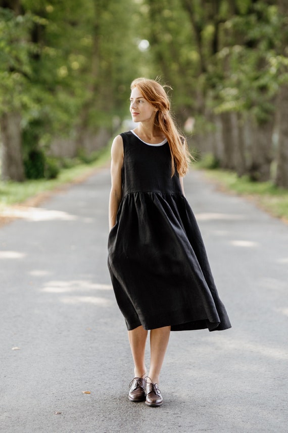 Linen Smock Dress Black Summer Dress Linen Clothing Midi | Etsy