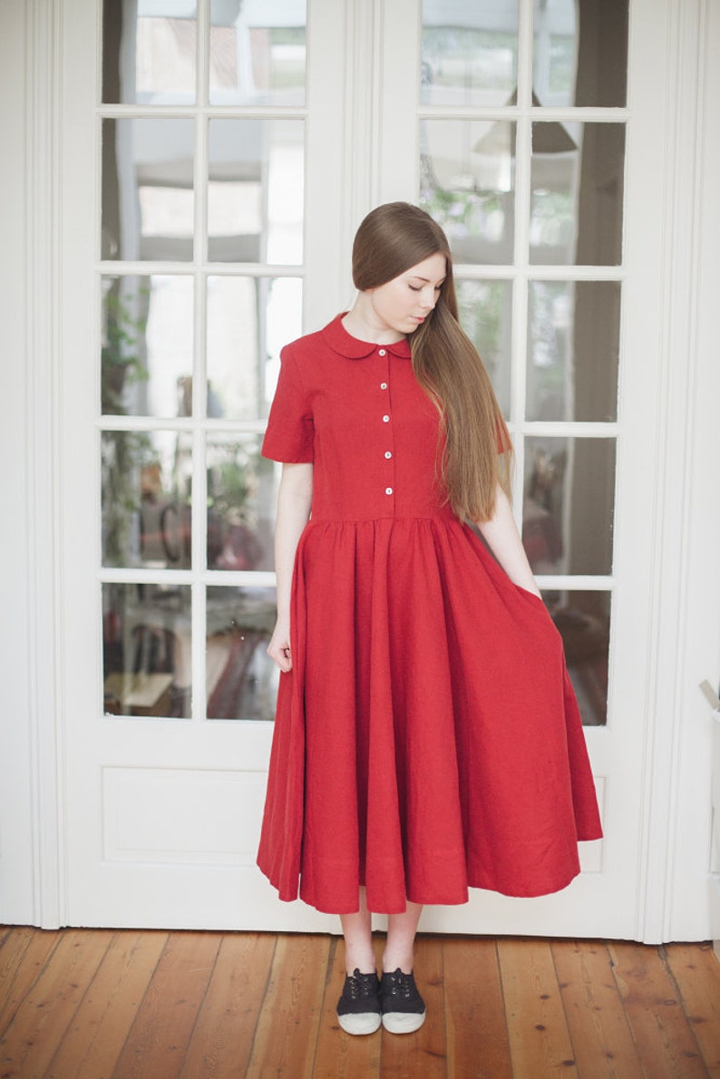 Maxi Dress Women Linen Clothing Linen Red Maxi Dress 1960/'s Dress Peter Pan Collar Dress Linen Clothes Red Poppy Classic Dress SS