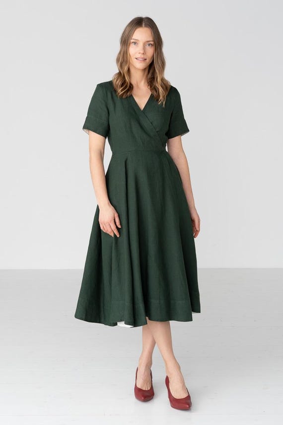Wrap - Linen Wrap Dress with Short Sleeves, Evergreen