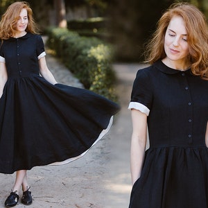 BLACK LINEN DRESS | Mid Century Modern, Women Maxi Dress, Vintage Style Dress, Whimsigoth Dress, Linen Shirt Dress, Short Sleeve, Sondeflor