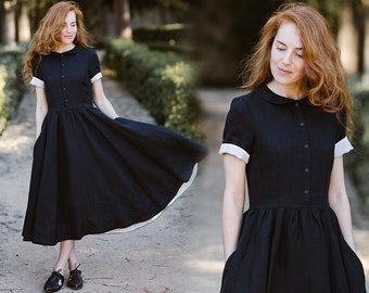 BLACK LINEN DRESS | Mid Century Modern, Women Maxi Dress, Vintage Style Dress, Whimsigoth Dress, Linen Shirt Dress, Short Sleeve, Sondeflor