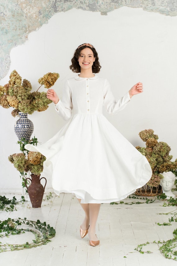 CLASSIC WEDDING DRESS | Retro Wedding Dress, Linen Rustic Wedding Dress, White Bridal Dress With Long Sleeve, Spring Style Reception Dress - Etsy Israel CLASSIC WEDDING DRESS | Retro Wedding Dress, Linen Rustic Wedding Dress, White Bridal Dress With Long Sleeve, Spring Style Reception Dress - Etsy Israel