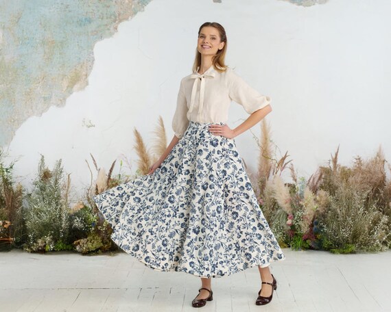 INK ROSE SKIRT Women Circle Skirt, High Waist Skirt, Linen