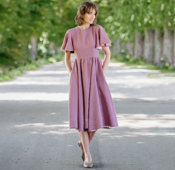 PURPLE LINEN DRESS Mid Century Modern, Butterfly Sleeve Dress