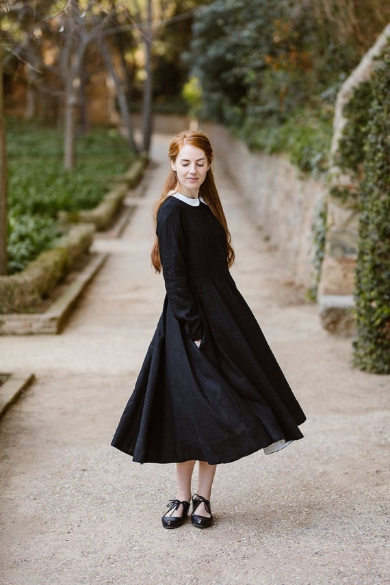 Black Linen Dress White Collar Dress 