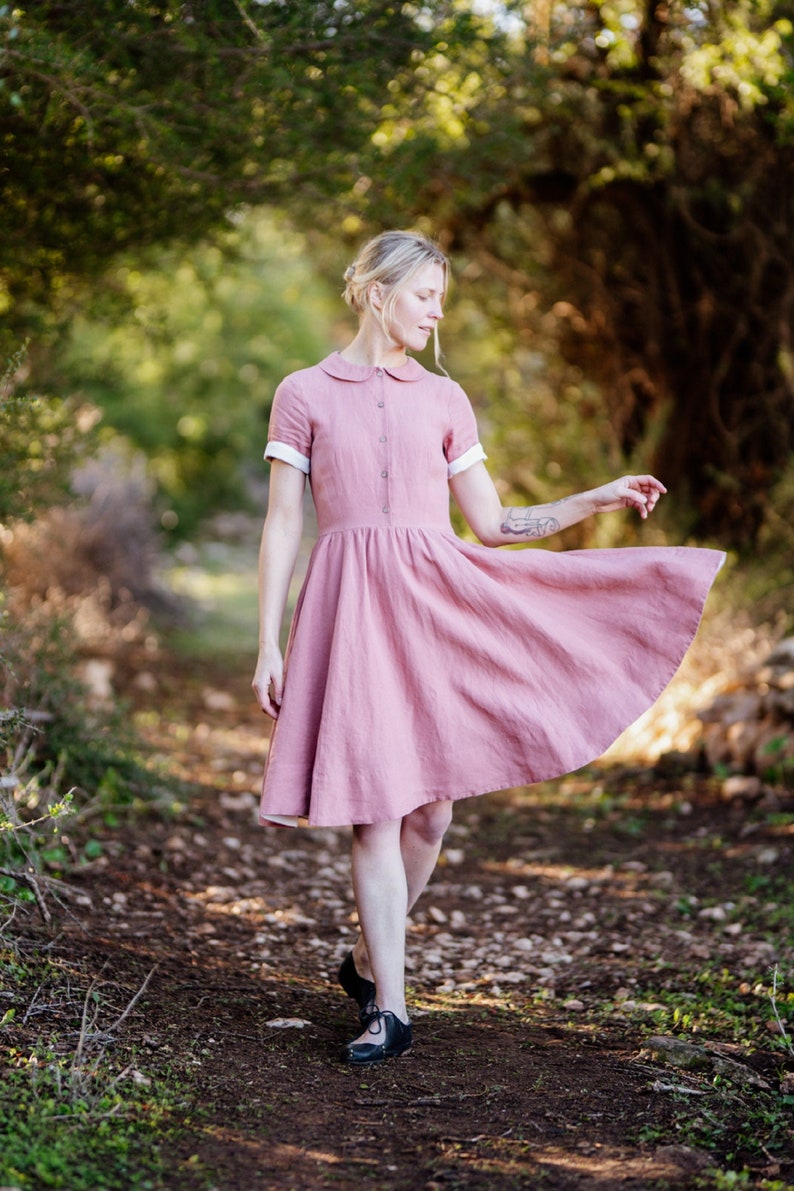 Classic Dress,Linen Shirt Dress Short Pink Linen Dress,Pink Dress,Elegant Summer Dress,Son de Flor Dress Vintage StyleShort Classic Dress