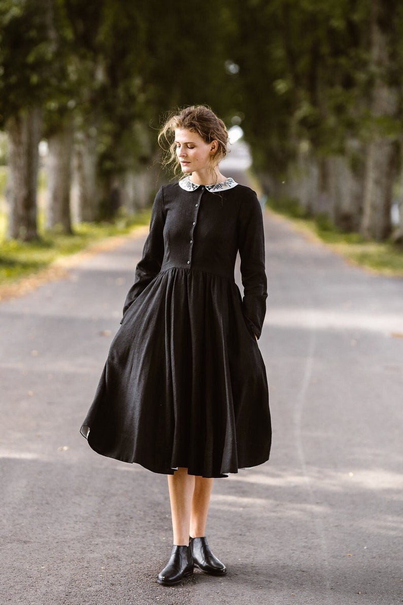 VICTORIAN STYLE DRESS | Embroidered Collar Dress, Flax Clothing, Casual Black Dress, Long Sleeves, Meadow, Sondeflor 