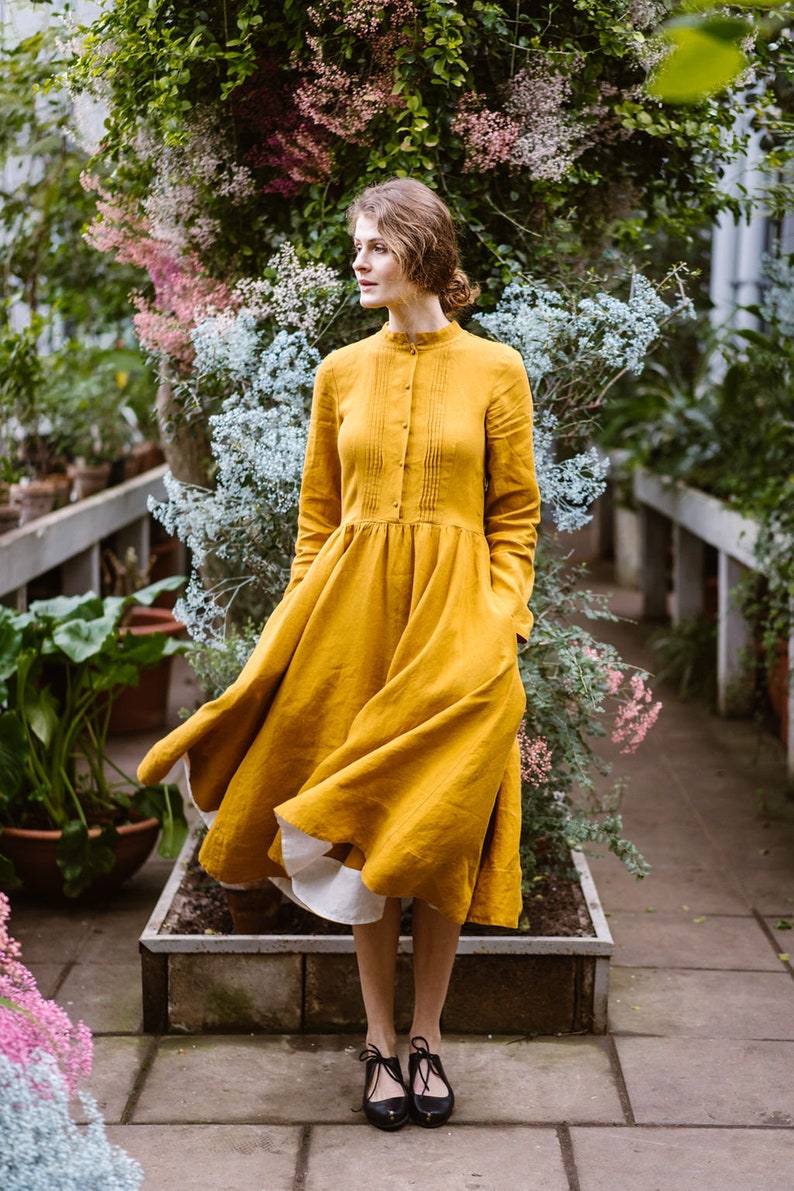 Mustard Dress Linen Midi Dress Women Linens Linen Vintage Etsy
