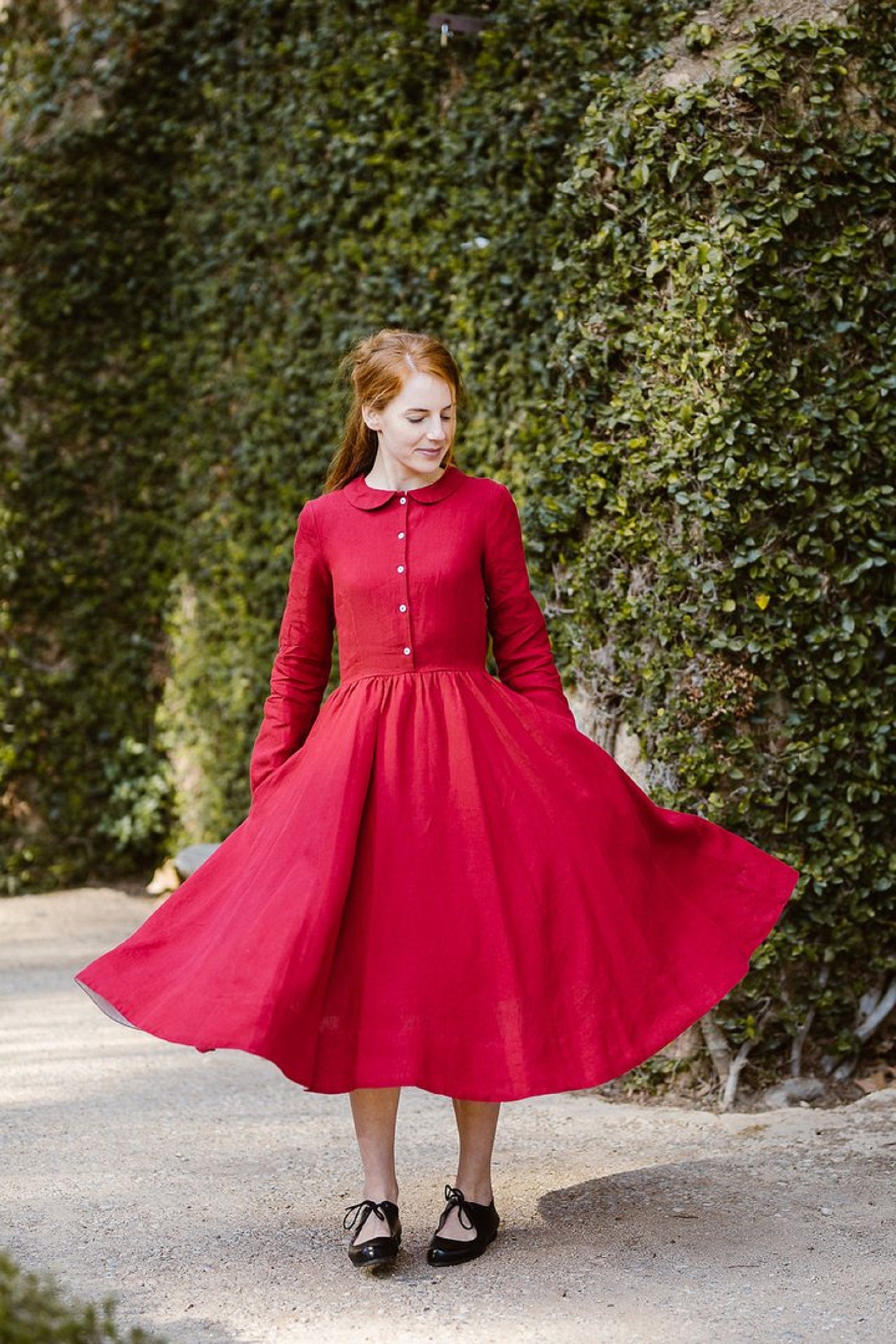 A LINE DRESS Red Linen Dress, Long Sleeves, Shirtwaist Dress, Cottagecore  Clothing, Semi Formal Long Dresses, Sondeflor 