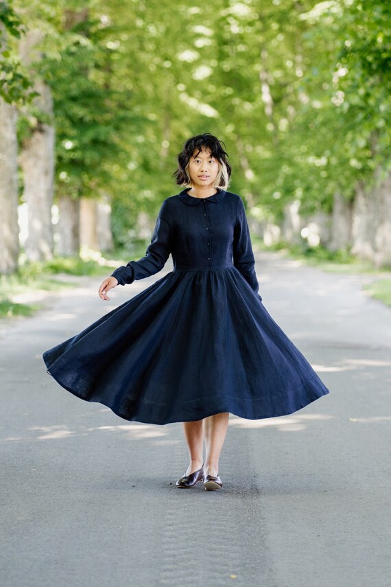 NAVY BLUE DRESS Linen Dresses Mid 