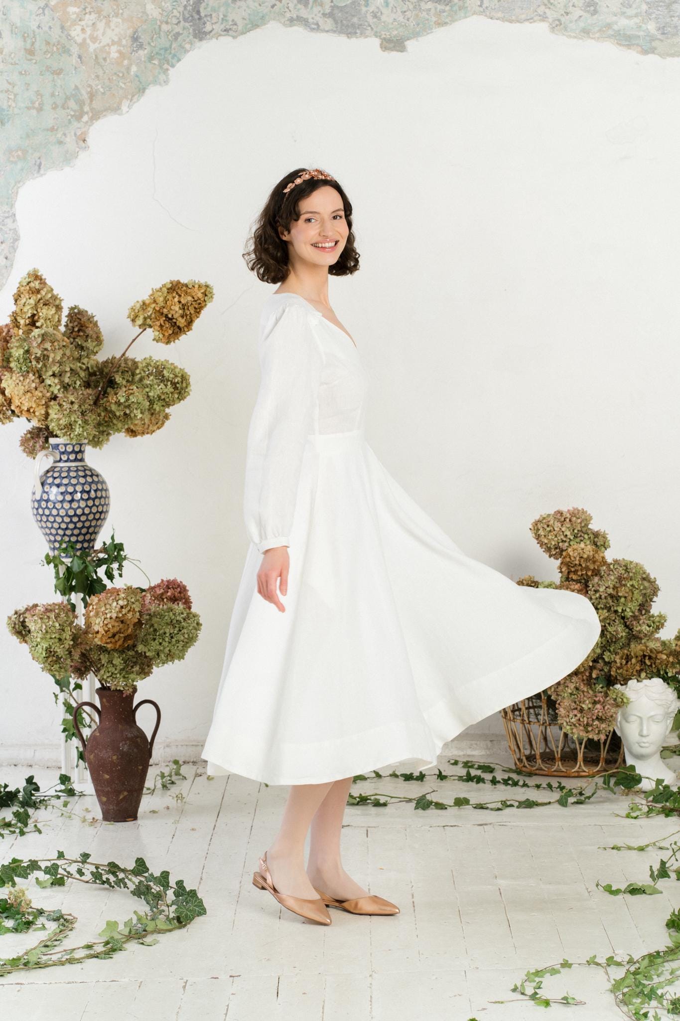 white linen wedding dresses Linen bridal gown Jasmin