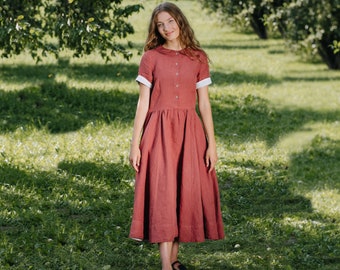 SHIRT DRESS | Classic Linen Dress, Short Sleeve Dress, Mid Century Modern, Summer Dress, Plus Size Linen, Cottagecore Dress, Women Clothing