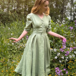 GREEN LINEN DRESS | Vintage Style Dresses For Women, Mid Century Modern, Fairycore Clothing, 1940s Prairie Dress, Summer Dresses, Full Skirt