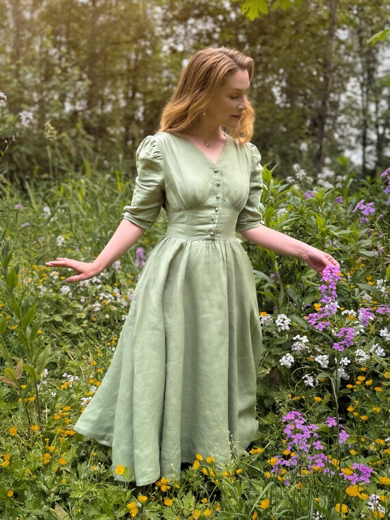 Plus Size Vintage Maxi Dresses Online GREEN LINEN DRESS Vintage Style  Dresses For Women, Mid Century