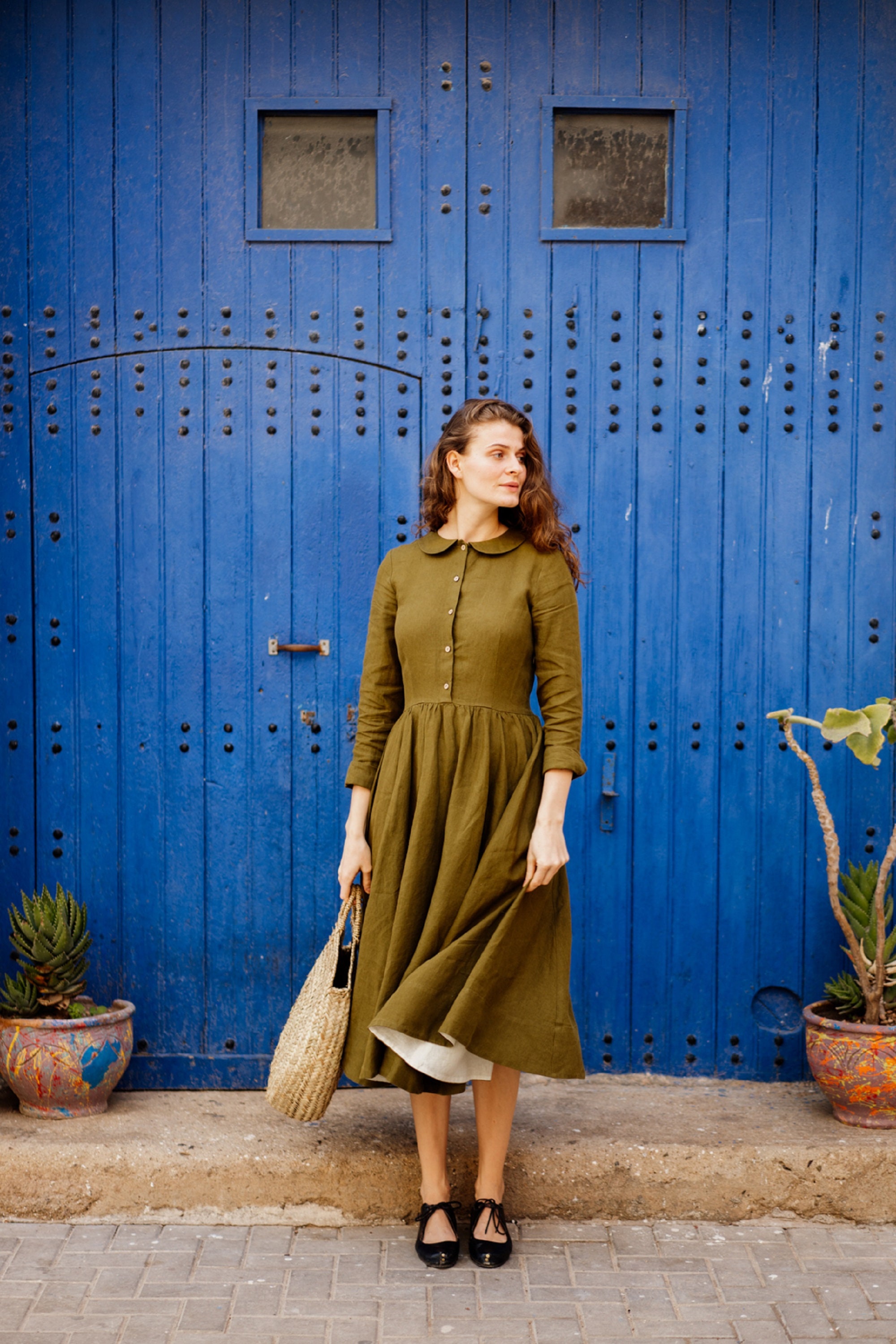 Green Linen Medi Dress