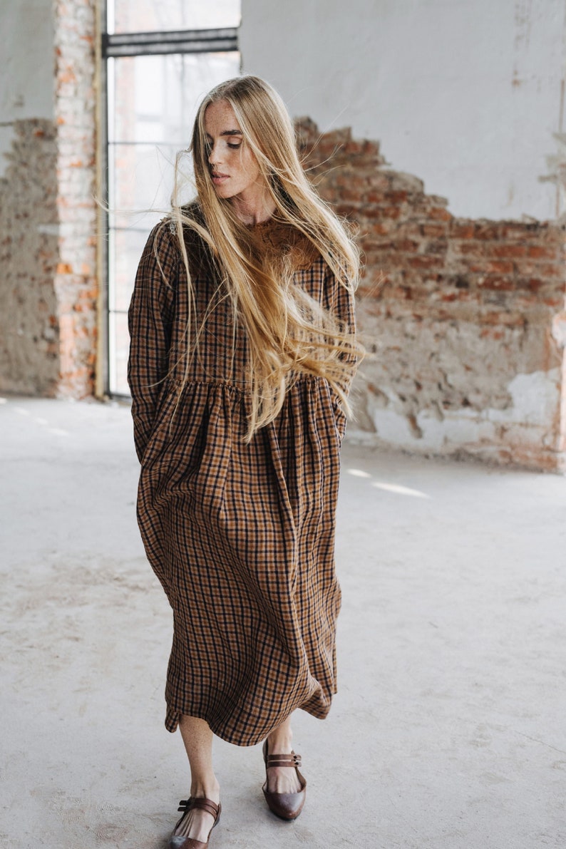 AUTUMN SMOCK DRESS | Linen Clothing, Maxi Tiered Dress with Sleeves, Dress with Pockets, Dark Rust Color, Brown Checkers 