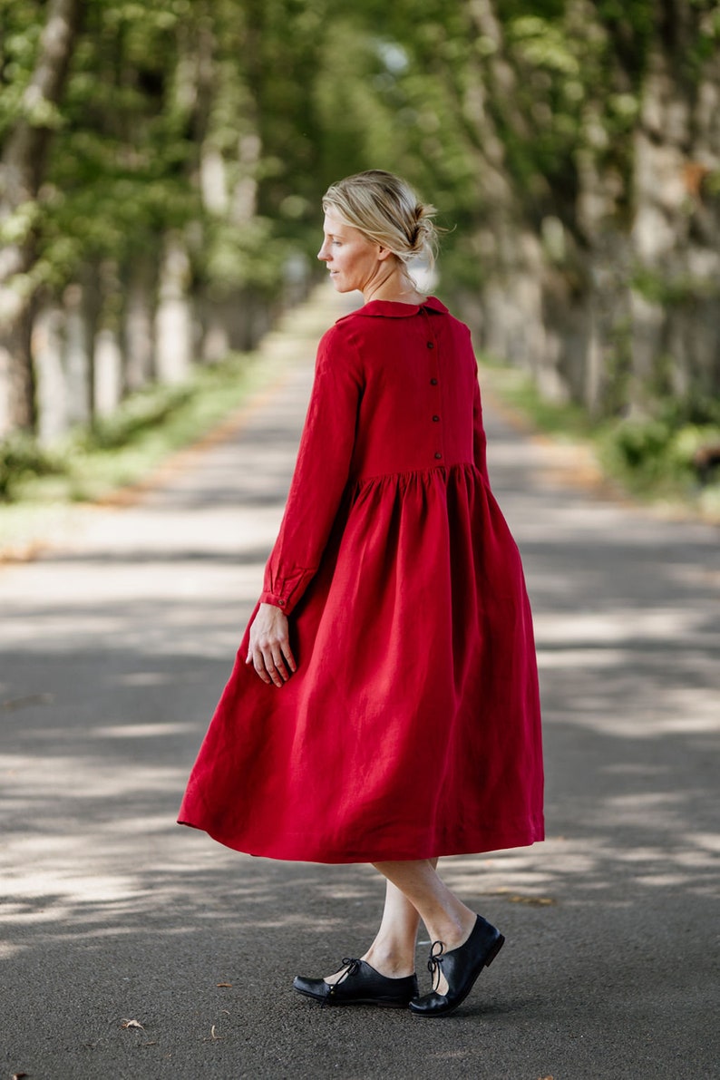 Peter Pan Collar Dress Holiday Dress Long Sleeve Laelia Dress Red Linen Dress Red Christmas Dress Midi Linen Dress High Waist Dress