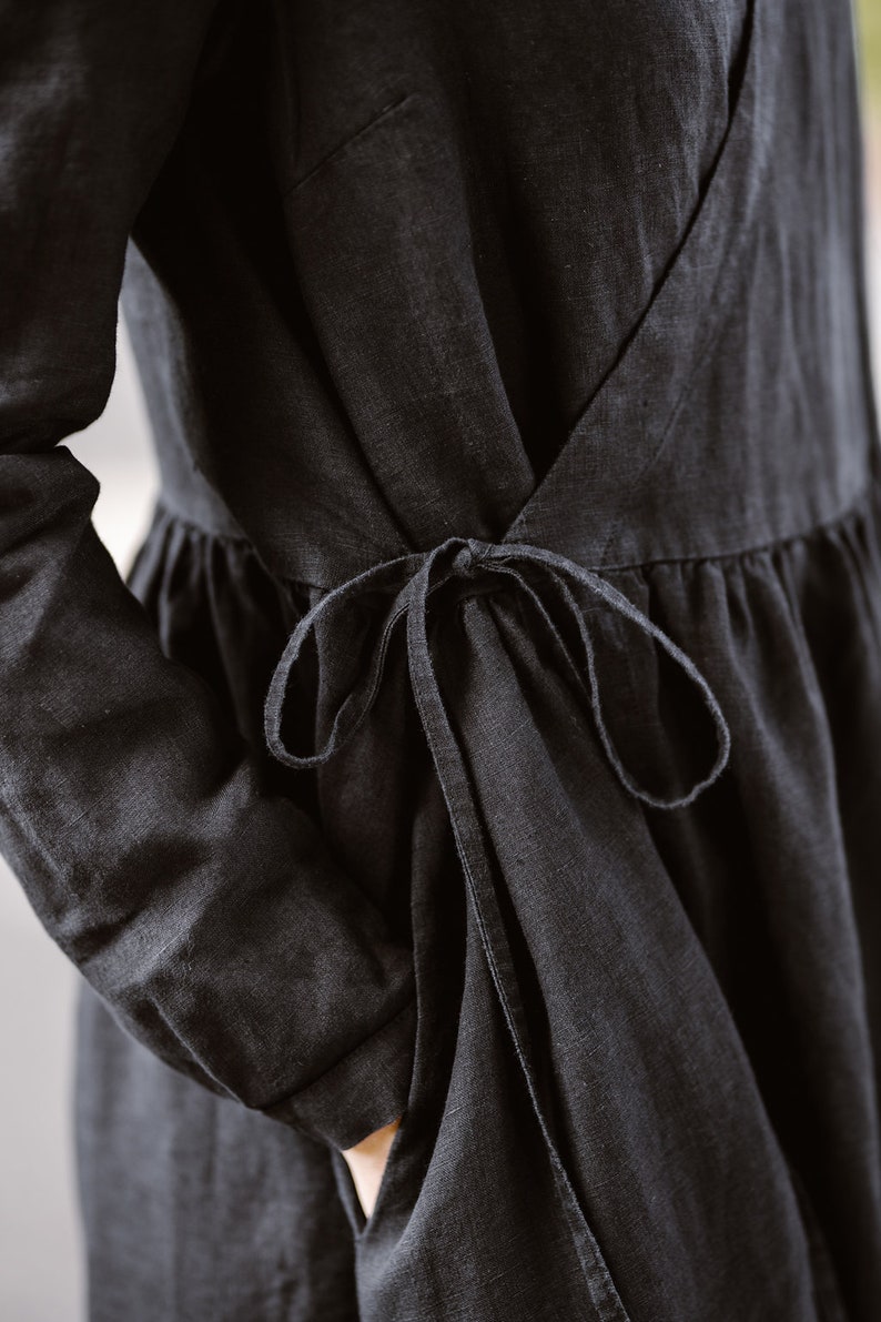 Flax Clothing Wrap dress Black Black Linen Dress Plus Size Linen Dress Wrap Dress Linen Kimono Dress Linen Dress Linen Clothing