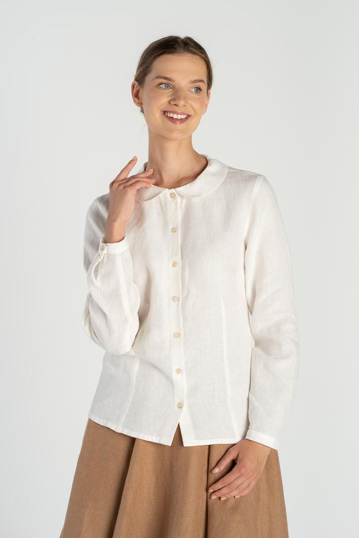 WHITE LINEN SHIRT | Peter Pan Collar Top, Minimalist Linen Blouse