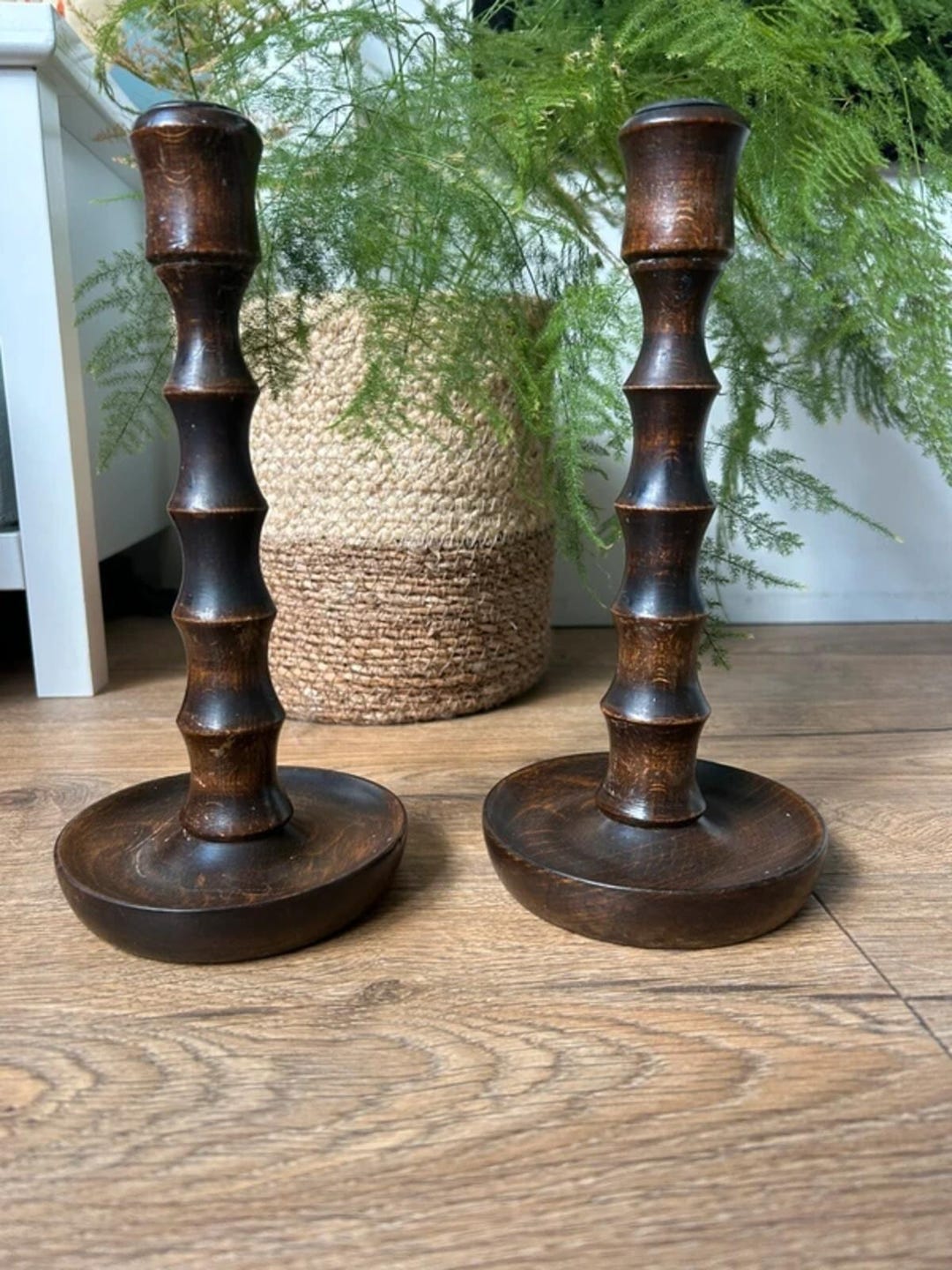 Pair of Vintage Dark Wooden Turned Candlestick Holders Rustic ...