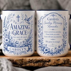 Personalized Amazing Grace Mug, Christian Bible Verse Coffee Cup, Faith Gift for Her (11oz or 15oz)