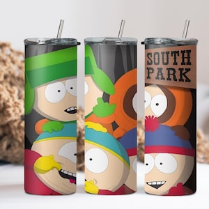 以下が含まれることがあります： アニメシリーズ「サウスパーク」のキャラクターが描かれたステンレス製のタンブラー3個セット。キャラクターにはカートマン、カイル、ケニー、スタンが含まれます。各タンブラーは黒い背景と銀色のストローが付いています。