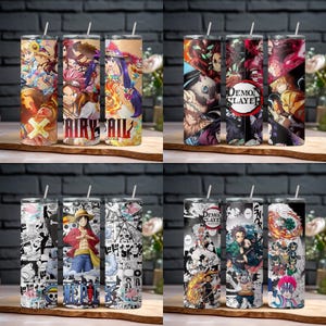 Copo térmico de aço inoxidável de 590ml com tampa e canudo, estampa de personagens de anime.