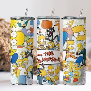 May include: A stainless steel tumbler with a vibrant design featuring characters from The Simpsons. The design includes Homer, Bart, Lisa, Marge, and other characters. The tumbler has a silver straw and a black lid.