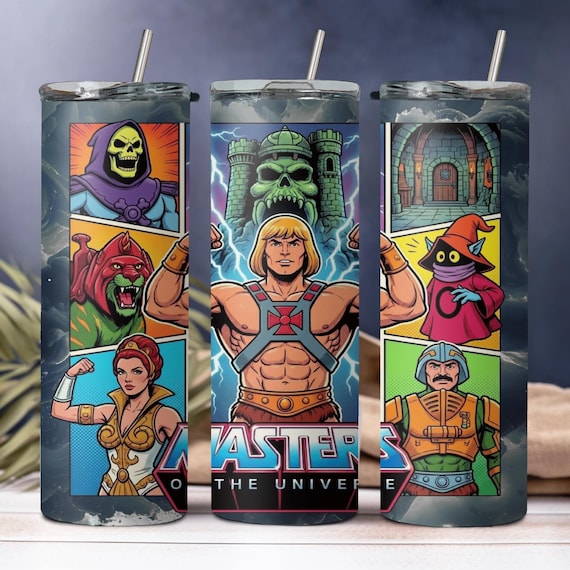 He-Man inspired 20oz stainless steel reusable tumbler with lid and straw