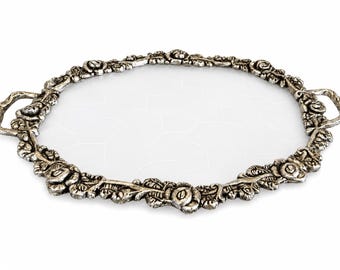 Set of 2 German Silver Oval Trays | Embossed Floral Pooja Thali, Serving Décor