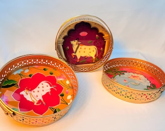 Hand-Hammered Pichwai Enamel Tray | Gold Lotus Kamadhenu Indian Home Decor
