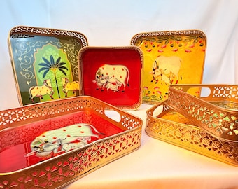 Handmade Enamel Tray Set of 2 | Indian Folk Art Serving Decor