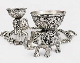 Handcrafted German Silver Elephant Bowl | Antique Indian Artisan Decor, Gift Box