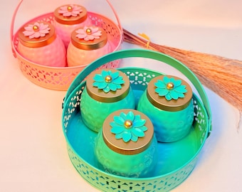 Hand-Hammered Metal Jar Tray Set | Pastel Floral Canisters, Indian Home Decor